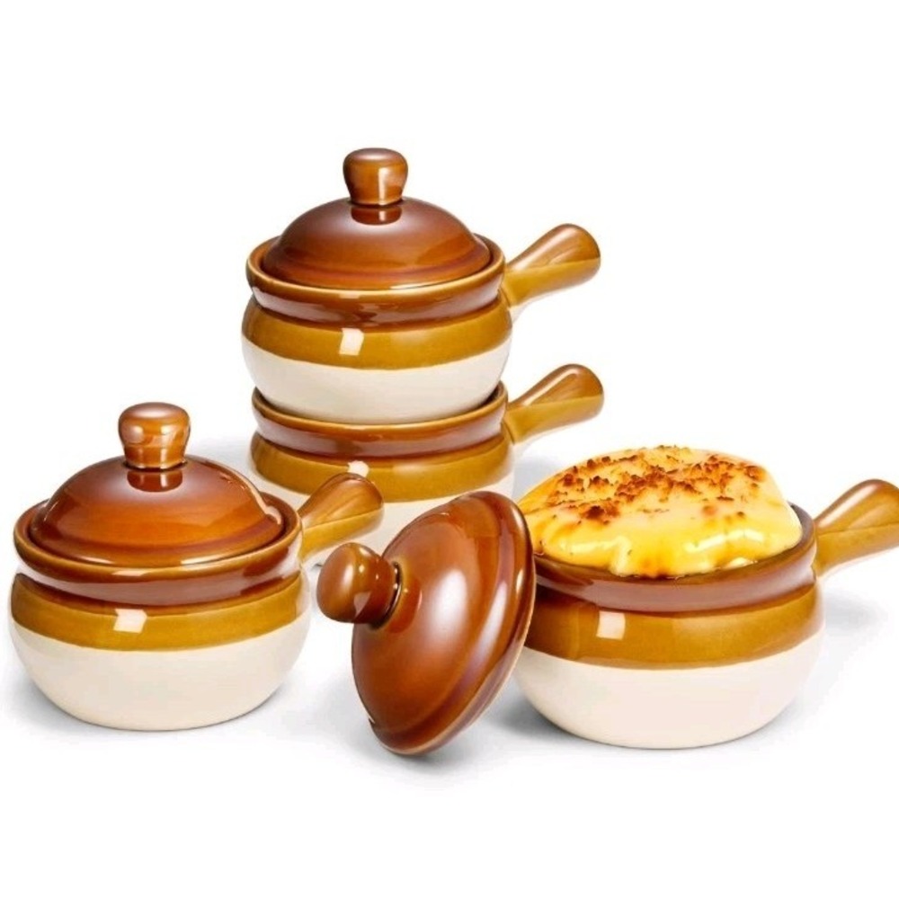 Kook Set Of 4 Stoneware French Onion Soup Chili Crocks & Lids Brown Glazed 15 oz